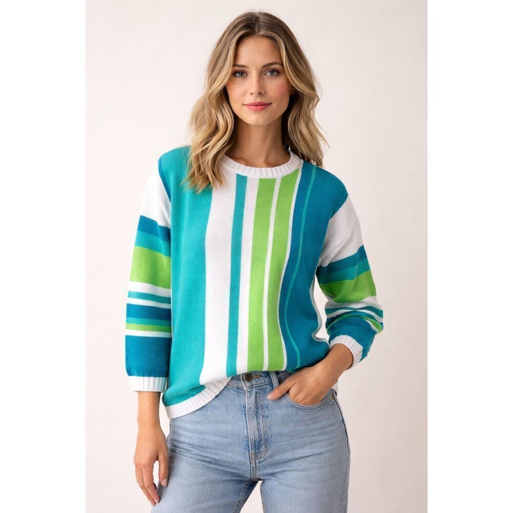 Vintage Milano Sport Striped Knit Sweater Green Teal Ramie Cotton M